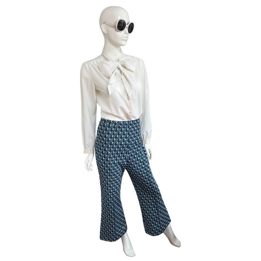 Groovy 60s / 70s Mod Teal Geometric Cropped Ankle Flared Pull on Pants - Picture 3 of 8